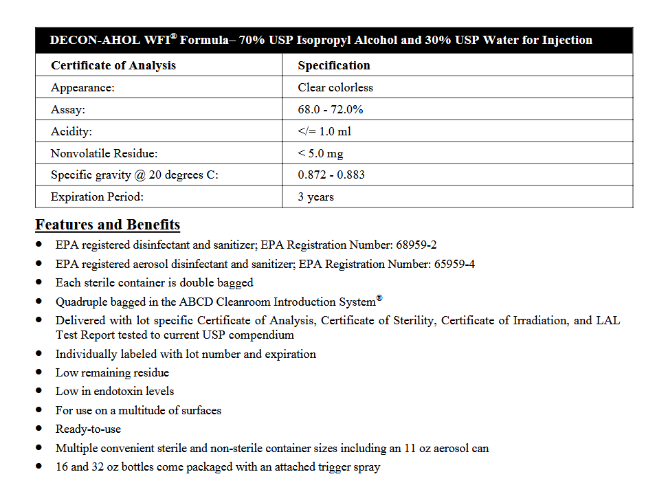 image representing decon ahol sterile 70% isopropyl alcohol cleanroom disinfectant
