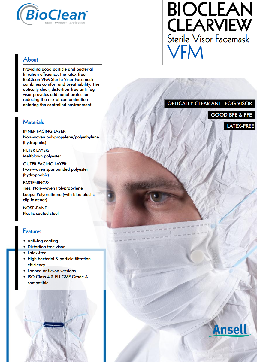 image representing sterile cleanroom face mask with attached face shield vfm-210