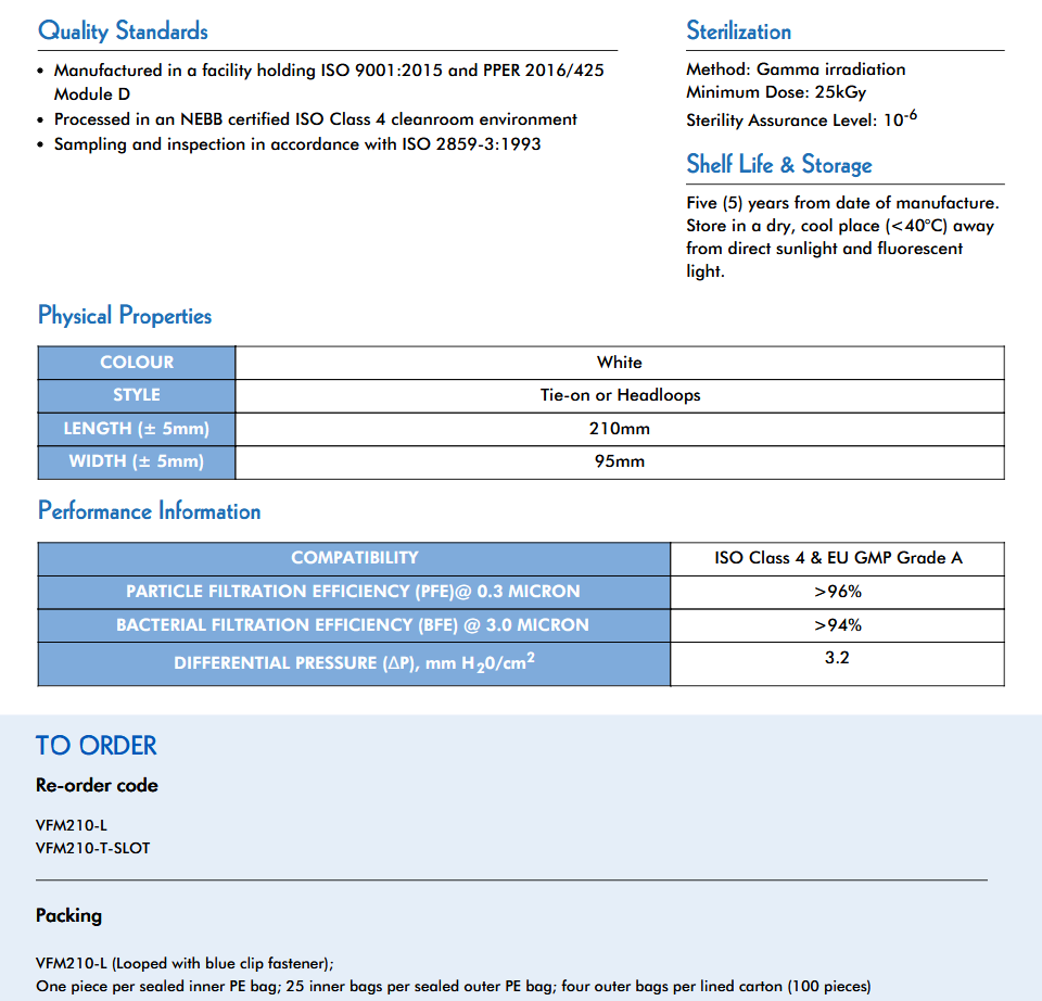 image representing ansell bioclean sterile vfm-210 face mask with attached face shield technical specs