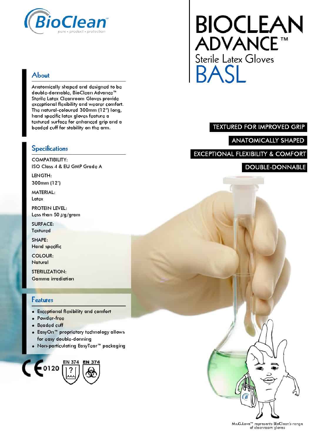 BioClean BASL Sterile 12 Inch Latex Cleanroom Glove For Critical Areas