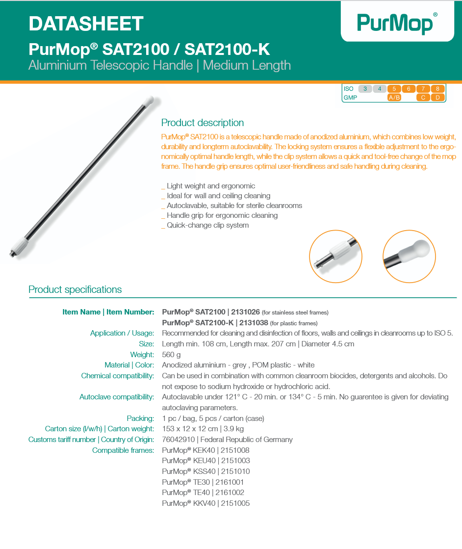 image representing sat2100 aluminum cleanroom mop handle