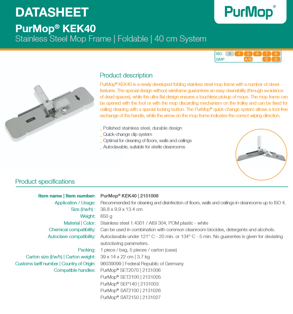 kek-40 stainless steel cleanroom mop head frame