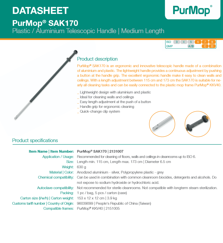 image representing plastic telescopic cleanroom mop handle purmop sak170