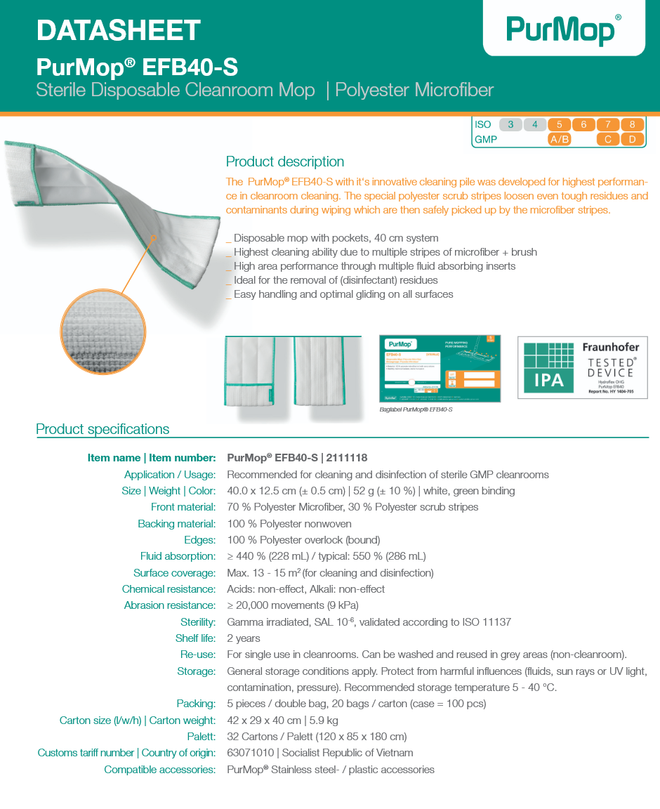 PurMop EFB40-S Sterile Cleanroom Mop With Scrub Strips