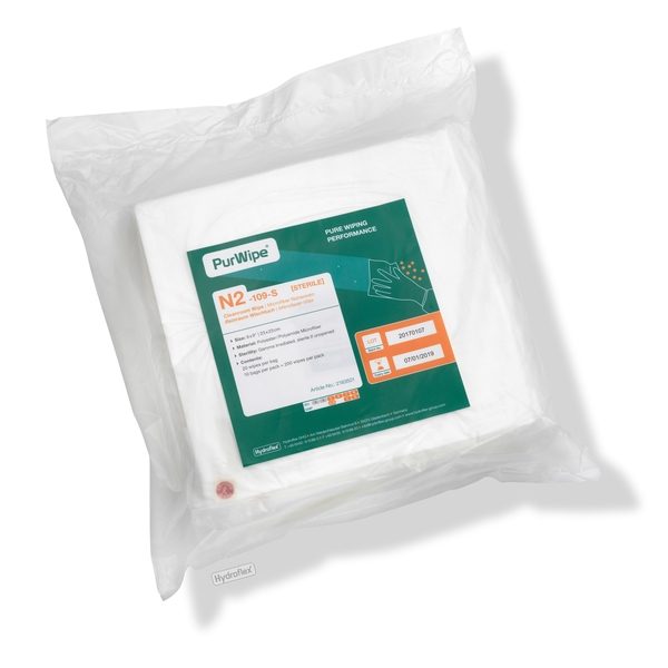 a package of hydroflex's purwipe n2 sterile nonwoven microfiber cleanroom wiper