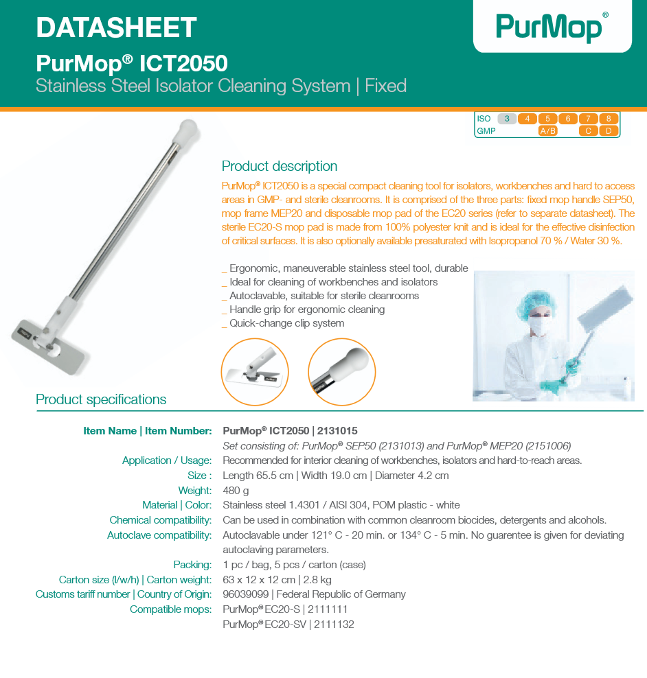 image representing ict2050 stainless steel cleanroom mini mop for small spaces and isolator hoods