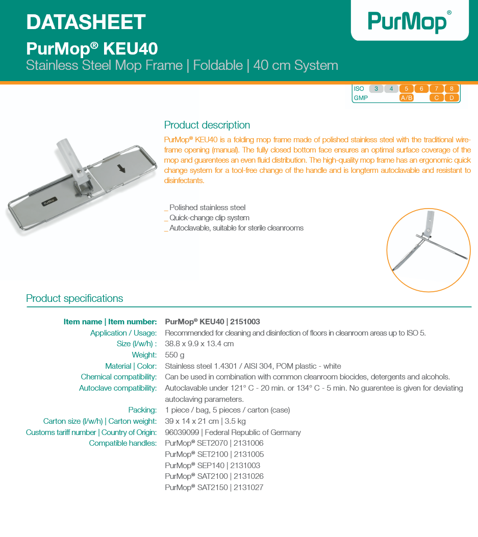 image representing keu40 stainless steel cleanroom mop head