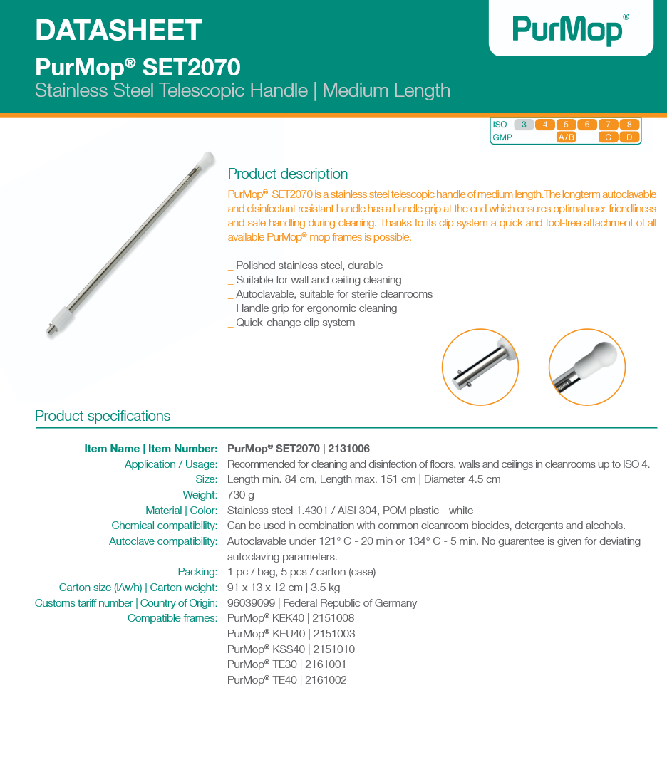 image representing telescopic stainless steel cleanroom mop handle set2070 by hydroflex purmop