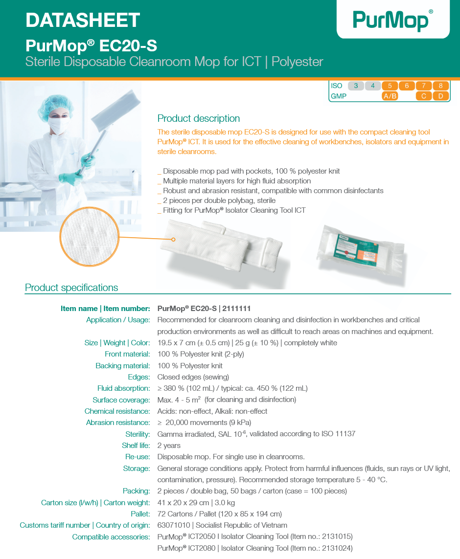 image representing sterile mini mop for cleanroom use ec20-s hydroflex purmop