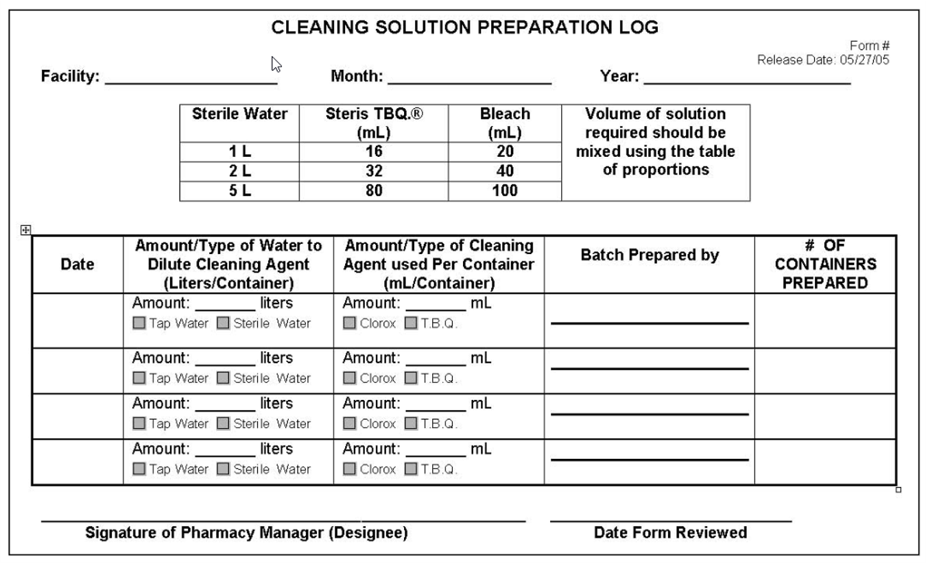 cleanroom cleaning solution preparation log sample