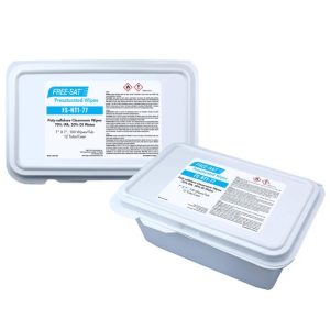 free-sat nonwoven poly-cellulose 70% ipa presaturated wipes in 7" by 7" size in a sealing pouch