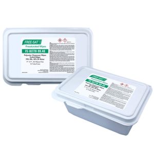 FREE-SAT® Polyester Sealed-Edge 70% IPA Wipes in re-sealing lidded dispenser container