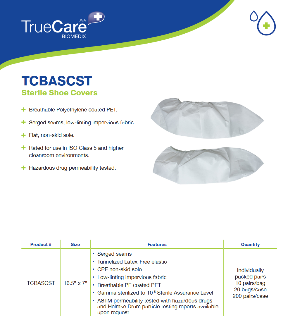 image representing technical data for true care sterile cleanroom shoe covers tcbascst