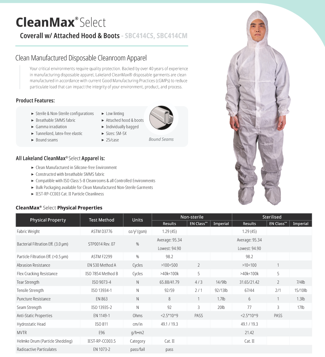 image representing lakeland cleanmax select cleanroom coverall suit technical specifications