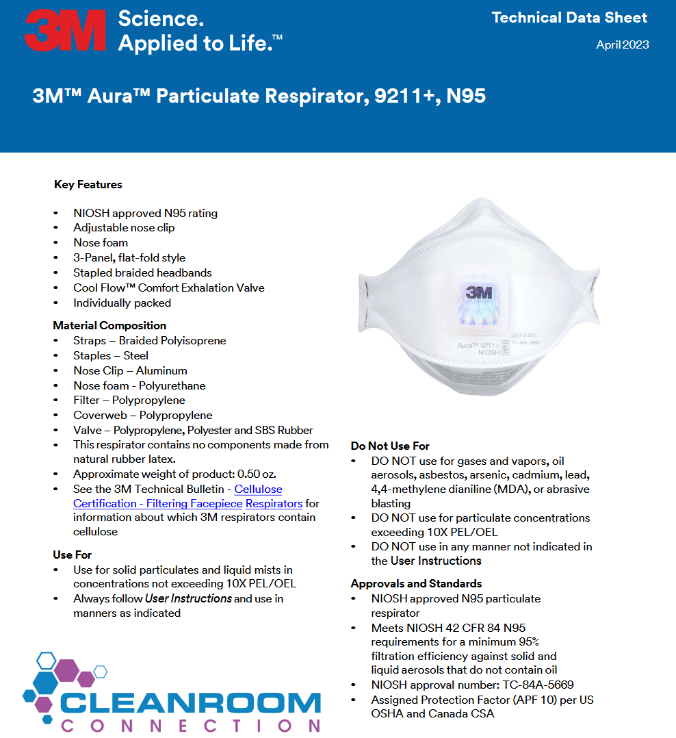 3M 9211+ Plus N95 Face Mask For Cleanroom Applications