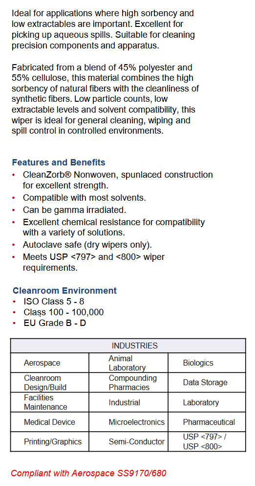 image representing criti clean lint free wipe technical data table