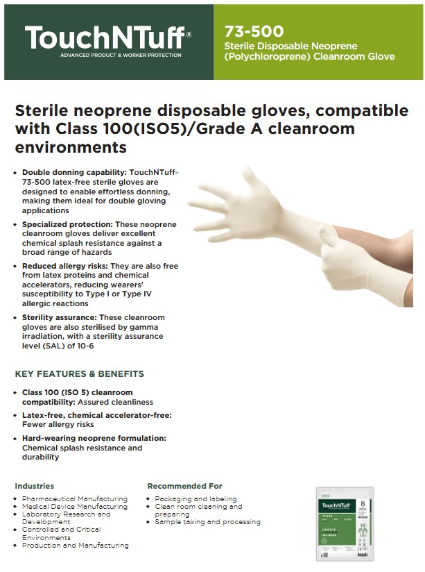ansell 73500 touchntuff sterile cleanroom glove specs
