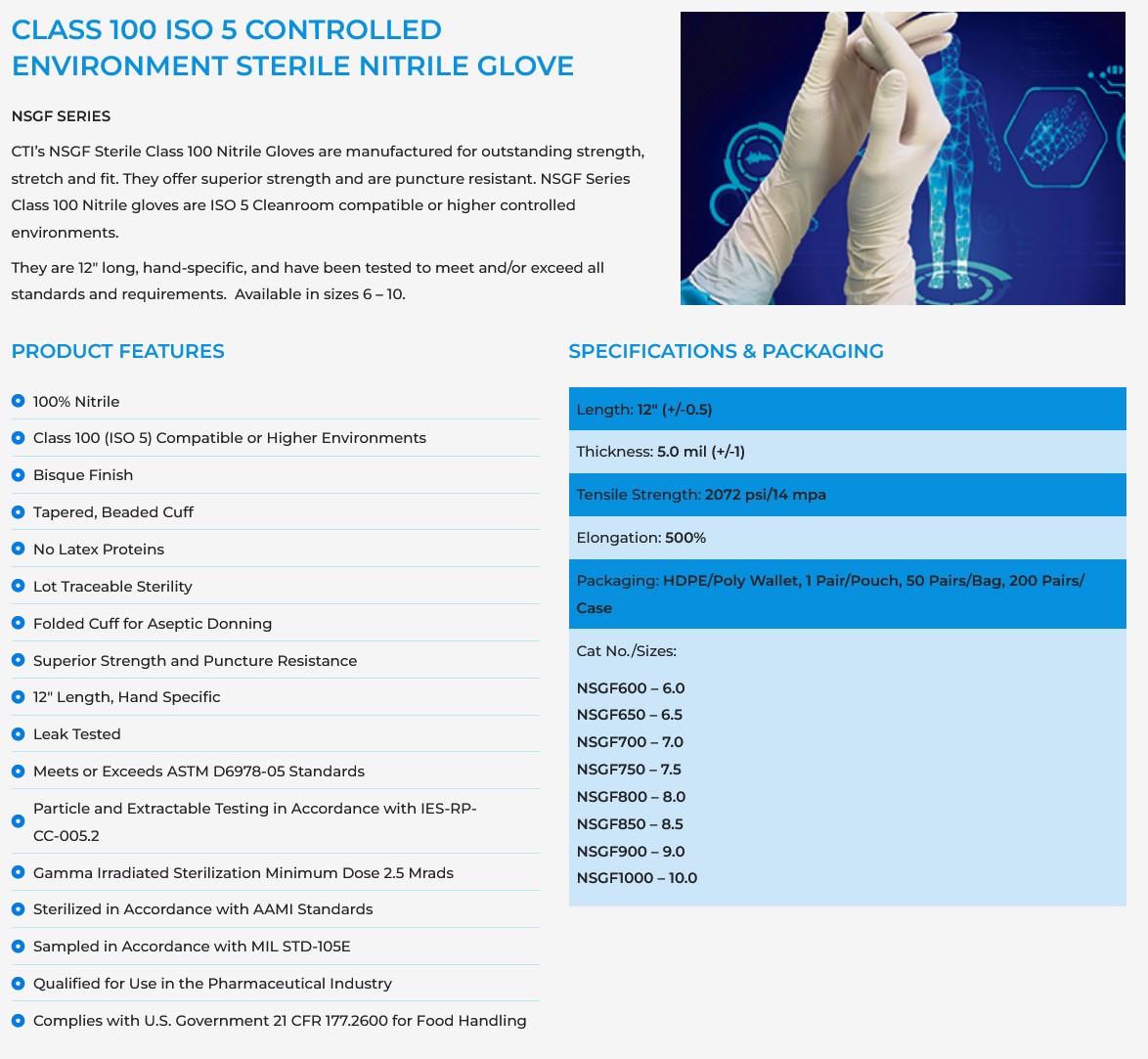 cti nsgf nitrile sterile cleanroom gloves