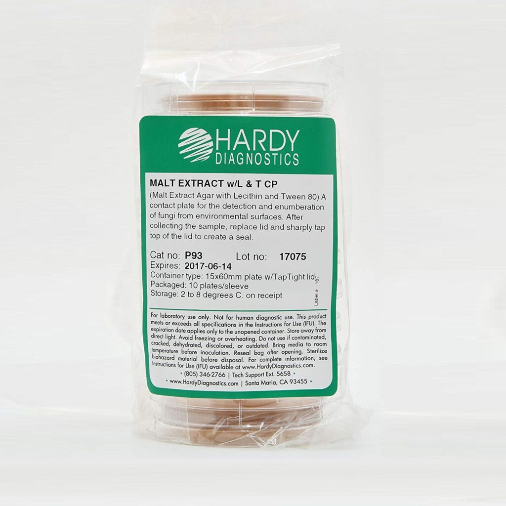 hardy p93 loktight™ malt extract agar (mea) with lecithin and tween 80, 15x65mm, contact plate