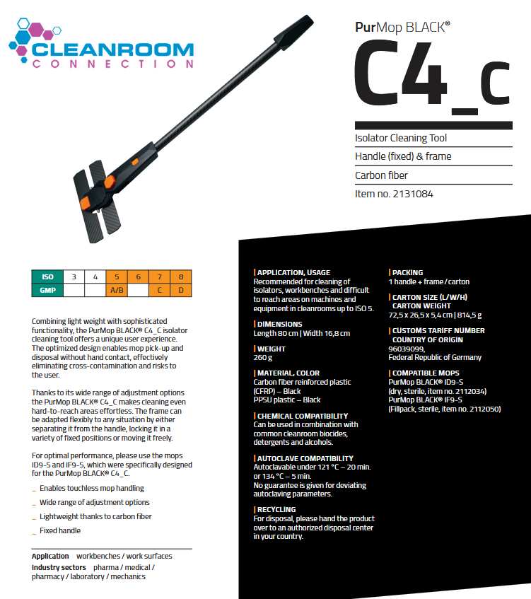 image representing carbon fiber mini cleanroom mop hydroflex c4 specifications