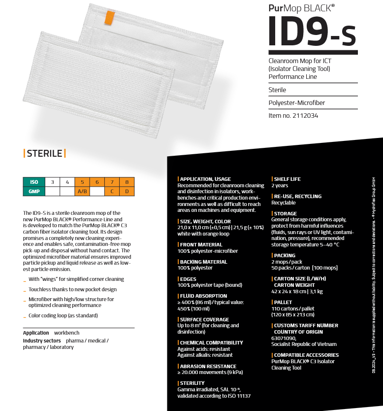 image representing id9-s sterile cleanroom mini mop cover for C4 isolator carbon fiber tool technical specifications